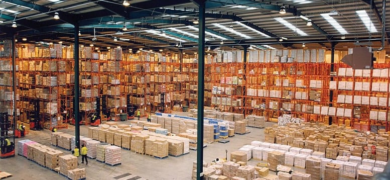 Inventory warehouse stacked with boxes