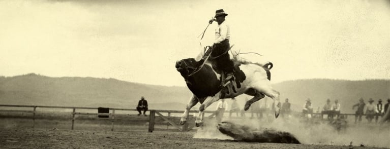 A bull rider holds tight as the bull lunges forward