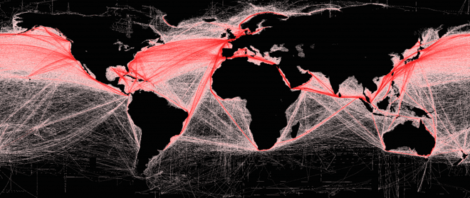 Popular shipping routes depicted by bright red lines on a world map