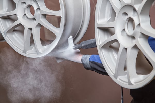 Powder coating treatment for a pair of tire rims