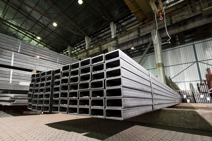 Steel hollow sections stacked in a manufacturing plant