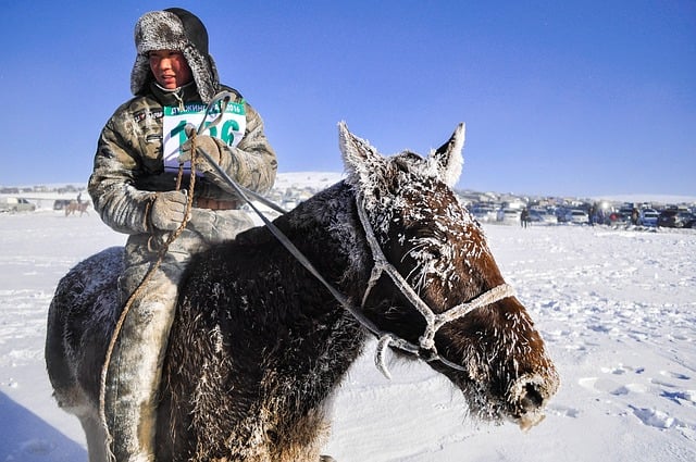 A man on a snowy horse participating in a race